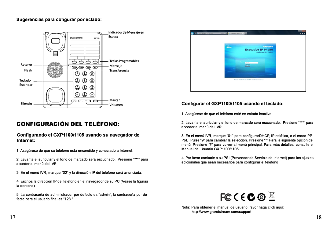Grandstream Networks GXP1100, GXP1105 warranty Configuración Del Teléfono, Sugerencias para cofigurar por eclado 