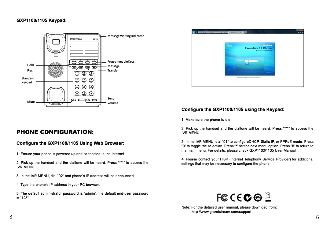 Grandstream Networks GXP1105 Phone Configuration, GXP1100/1105 Keypad, Configure the GXP1100/1105 Using Web Browser 