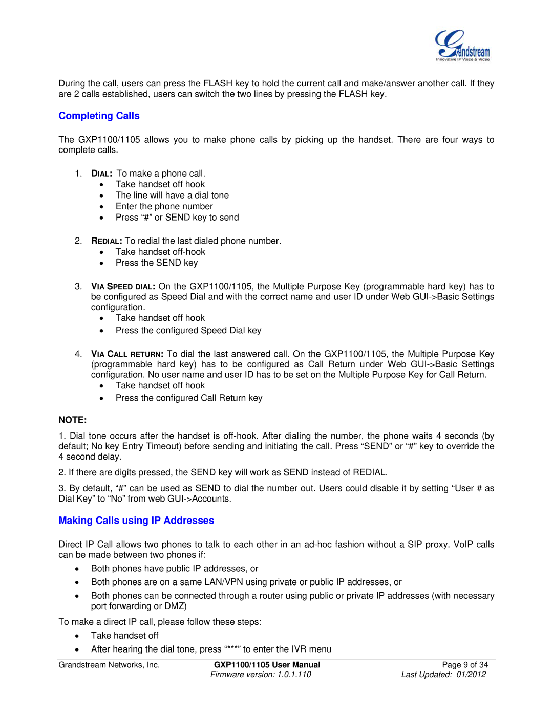 Grandstream Networks GXP11O5 manual Completing Calls, Making Calls using IP Addresses 