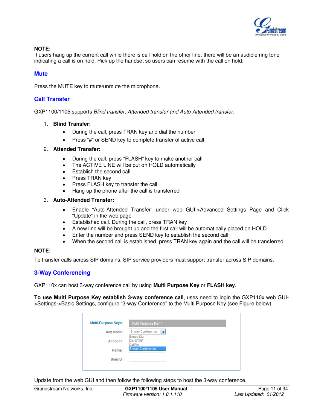 Grandstream Networks GXP11O5 manual Mute, Call Transfer, Way Conferencing 