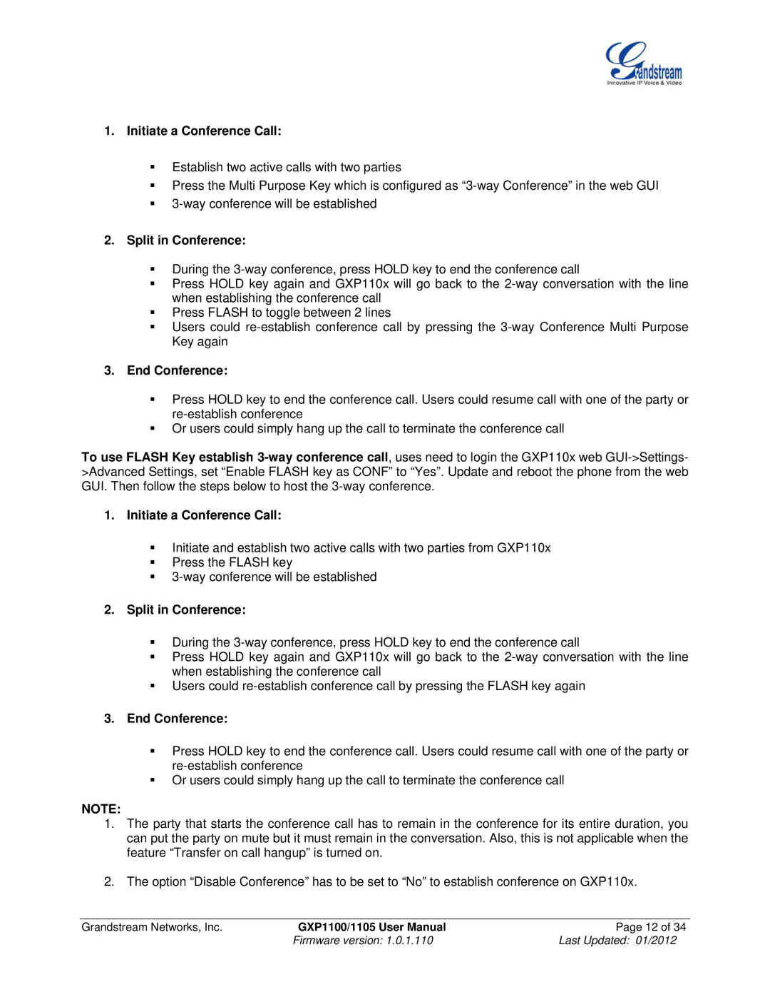 Grandstream Networks GXP11O5 manual Initiate a Conference Call, Split in Conference, End Conference 