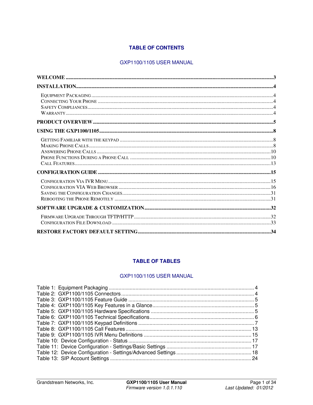 Grandstream Networks GXP11O5 manual Table of Contents 