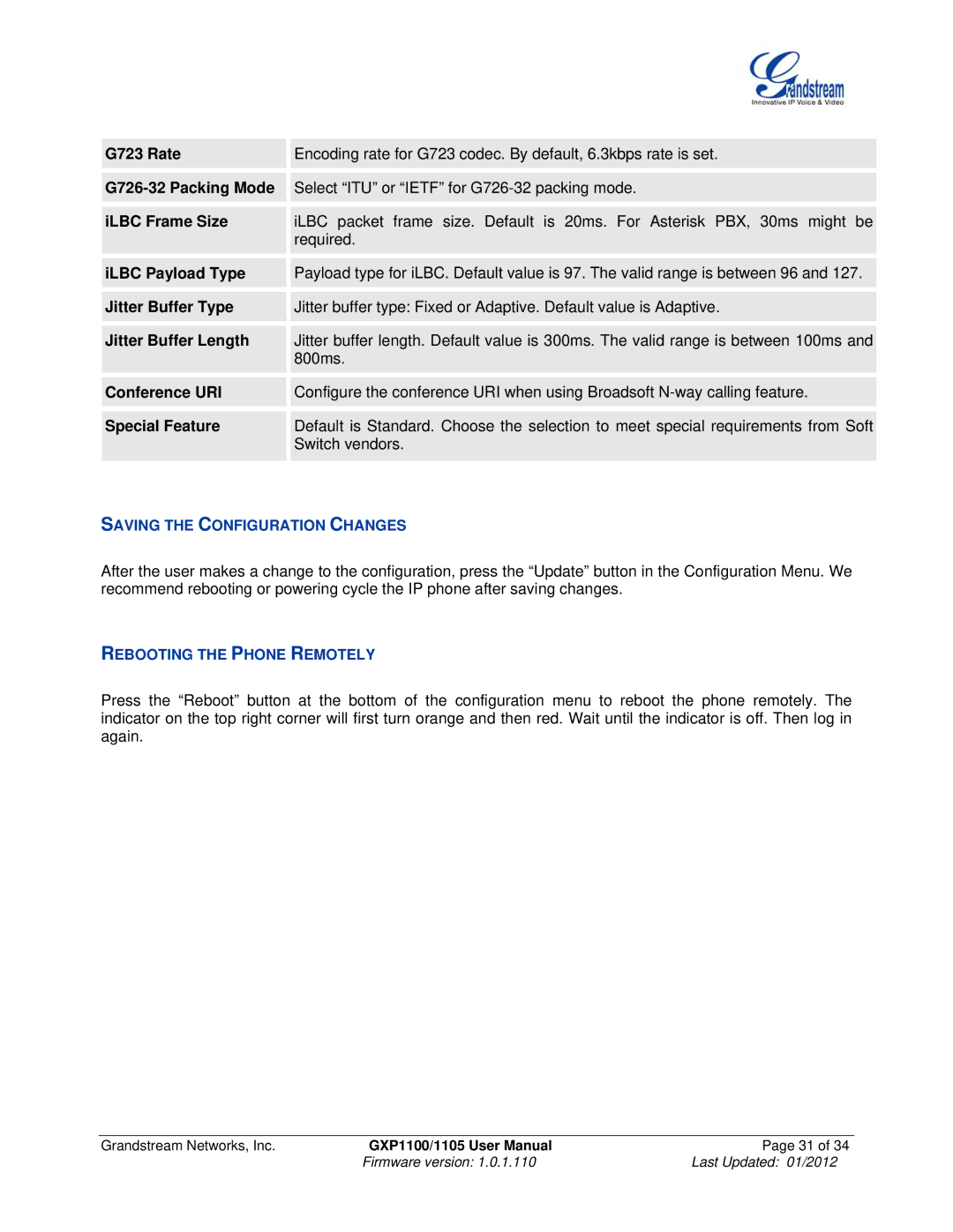 Grandstream Networks GXP11O5 manual Saving the Configuration Changes, Rebooting the Phone Remotely 