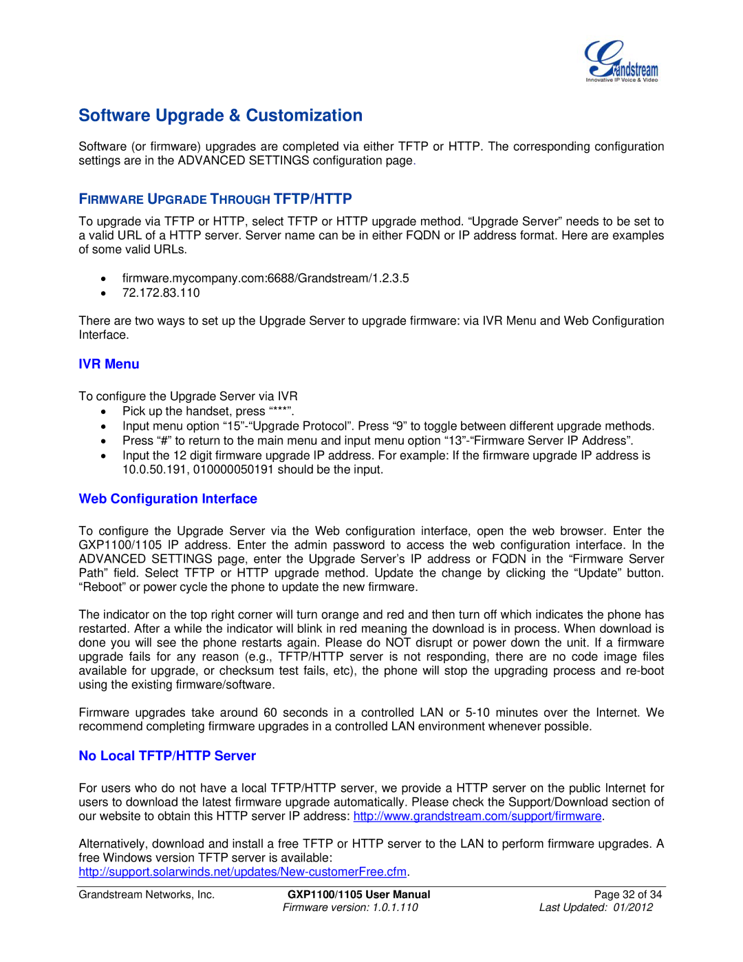 Grandstream Networks GXP11O5 manual Software Upgrade & Customization, IVR Menu, Web Configuration Interface 