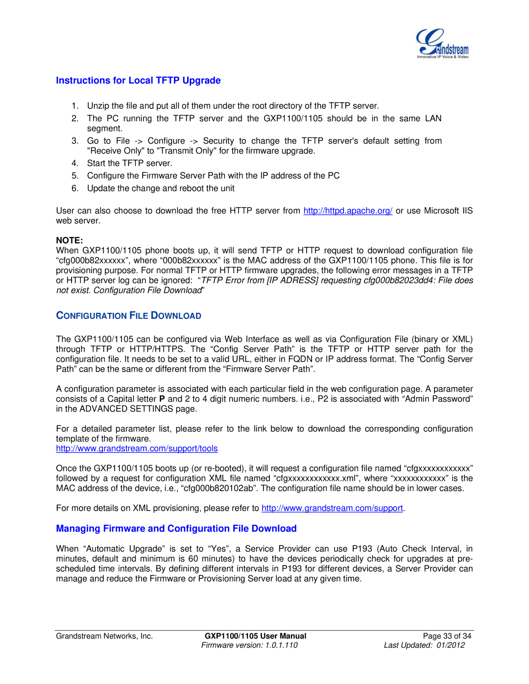 Grandstream Networks GXP11O5 manual Instructions for Local Tftp Upgrade, Managing Firmware and Configuration File Download 