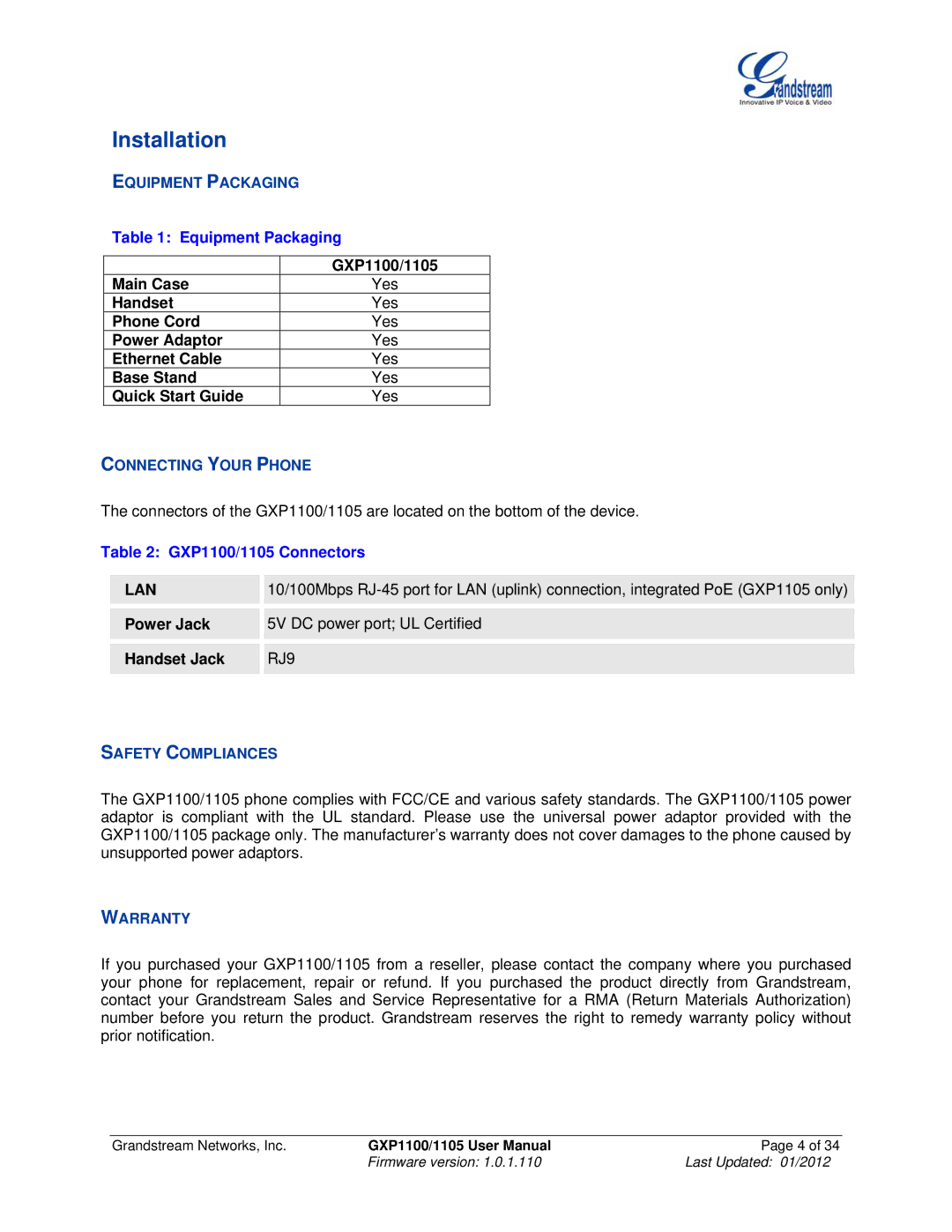 Grandstream Networks GXP11O5 manual Installation, Equipment Packaging, Connecting Your Phone, Safety Compliances, Warranty 