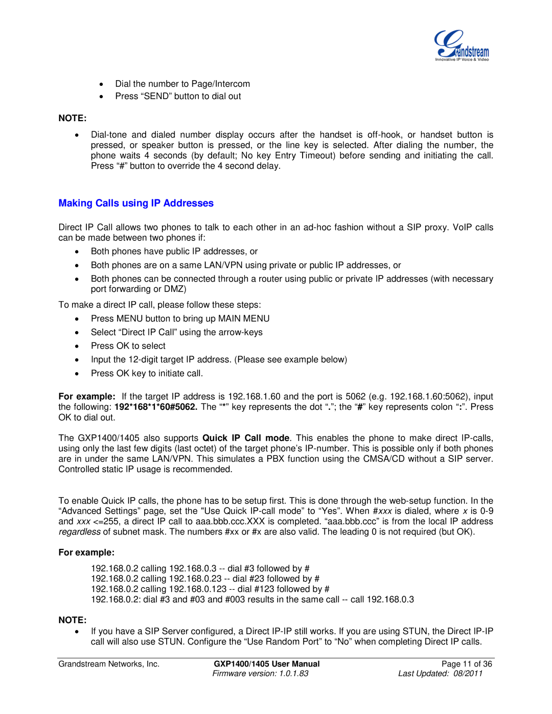 Grandstream Networks GXP1400, GXP1405 user manual Making Calls using IP Addresses, For example 