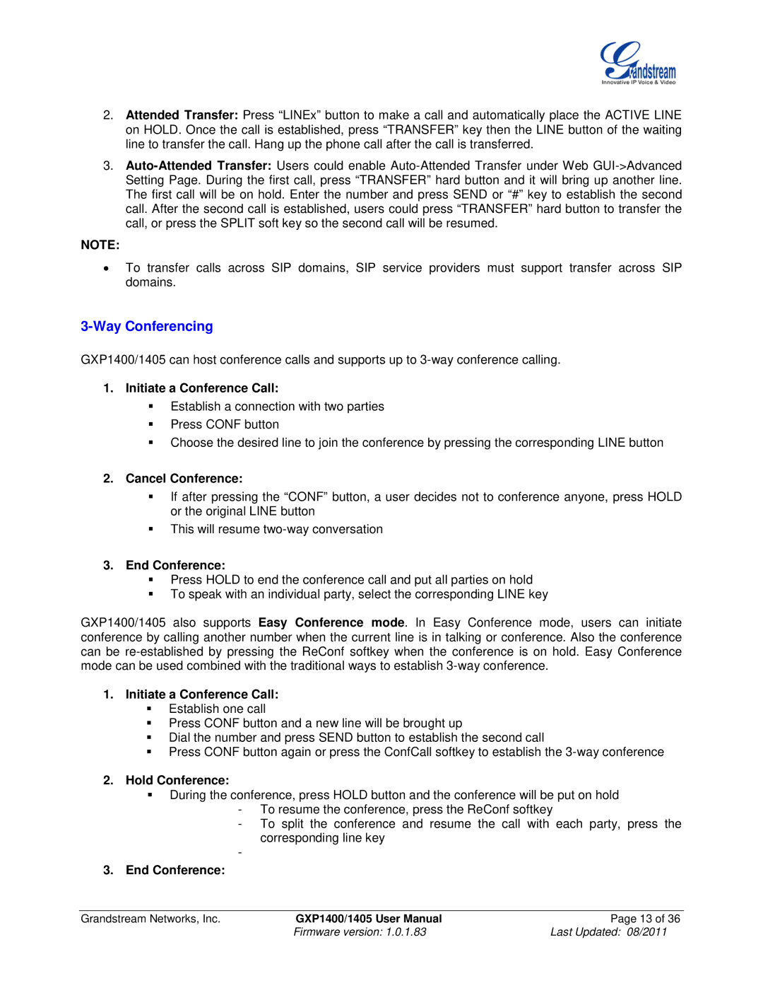 Grandstream Networks GXP1400, GXP1405 Way Conferencing, Initiate a Conference Call, Cancel Conference, End Conference 