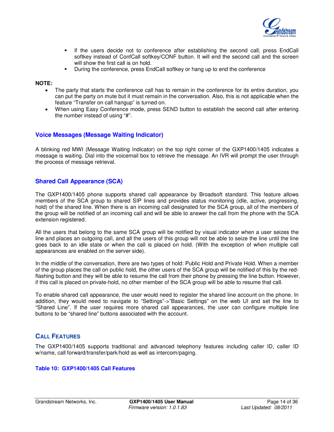 Grandstream Networks GXP1405, GXP1400 Voice Messages Message Waiting Indicator, Shared Call Appearance SCA, Call Features 