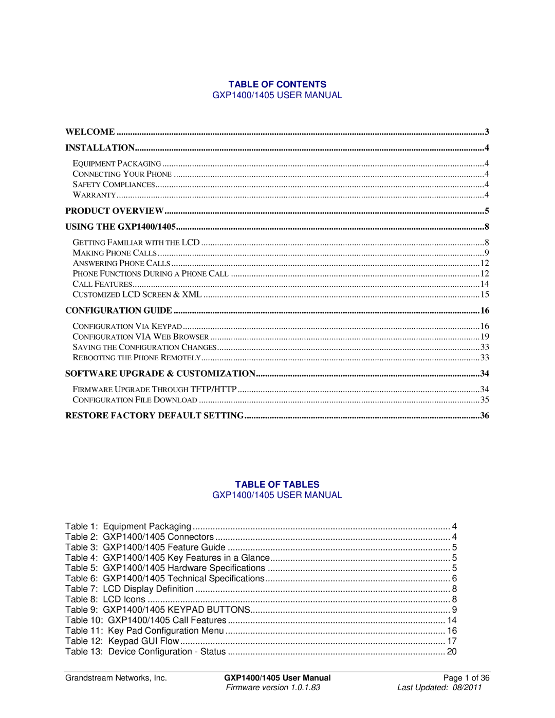 Grandstream Networks GXP1400, GXP1405 user manual Table of Contents 