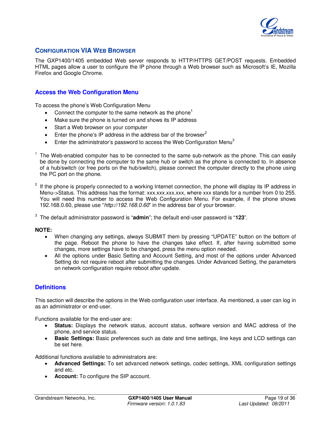 Grandstream Networks GXP1400, GXP1405 Access the Web Configuration Menu, Definitions, Configuration VIA WEB Browser 