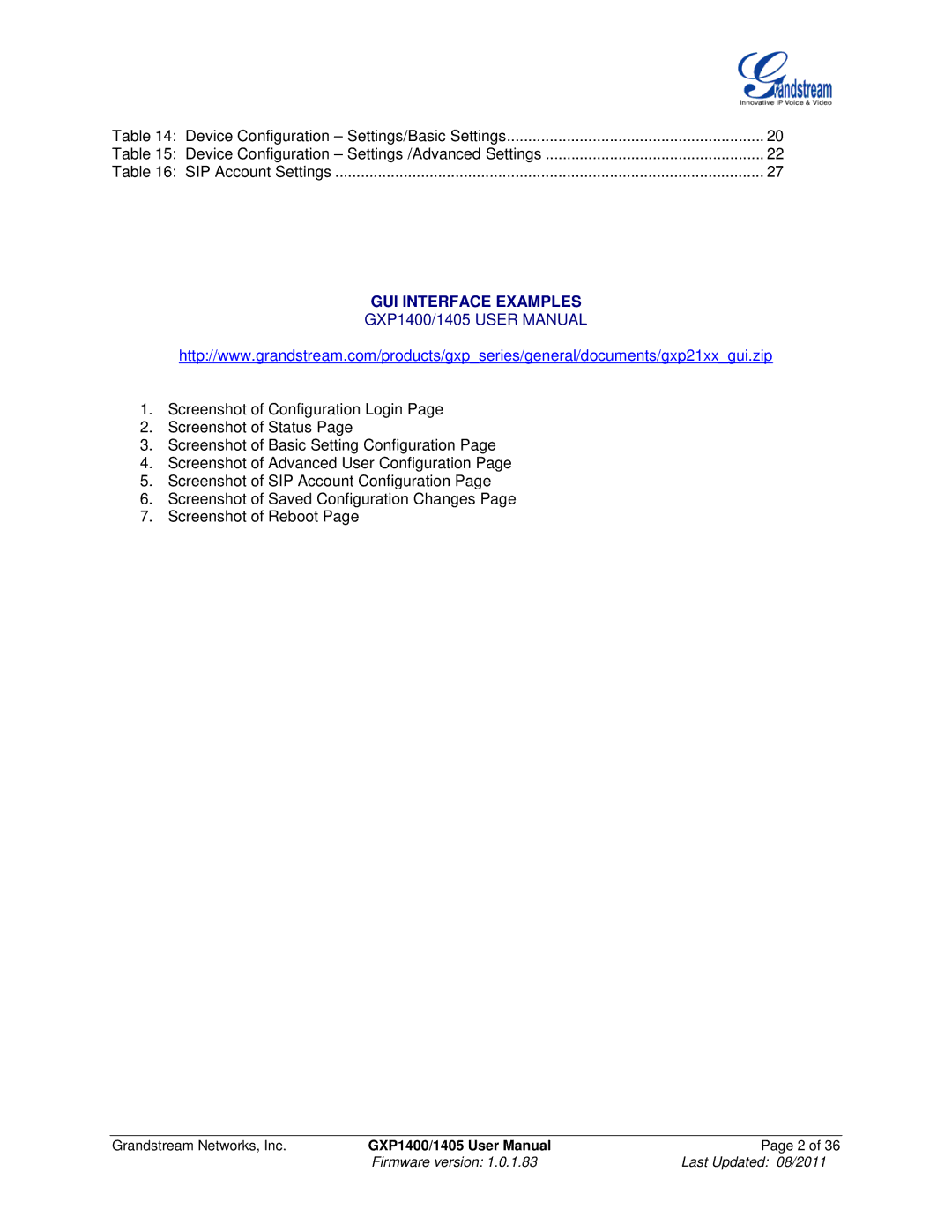 Grandstream Networks GXP1405, GXP1400 user manual GUI Interface Examples 