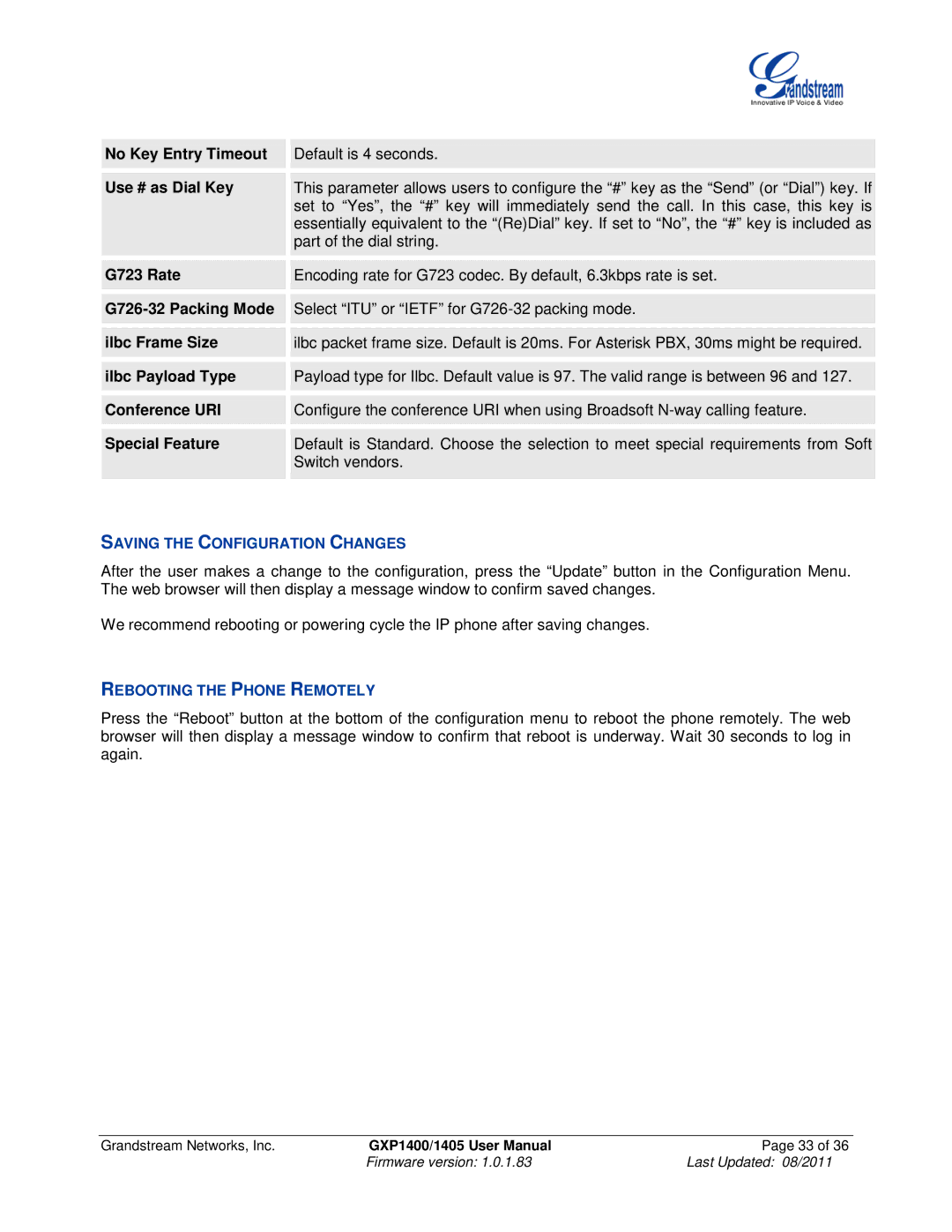 Grandstream Networks GXP1400, GXP1405 user manual Saving the Configuration Changes, Rebooting the Phone Remotely 