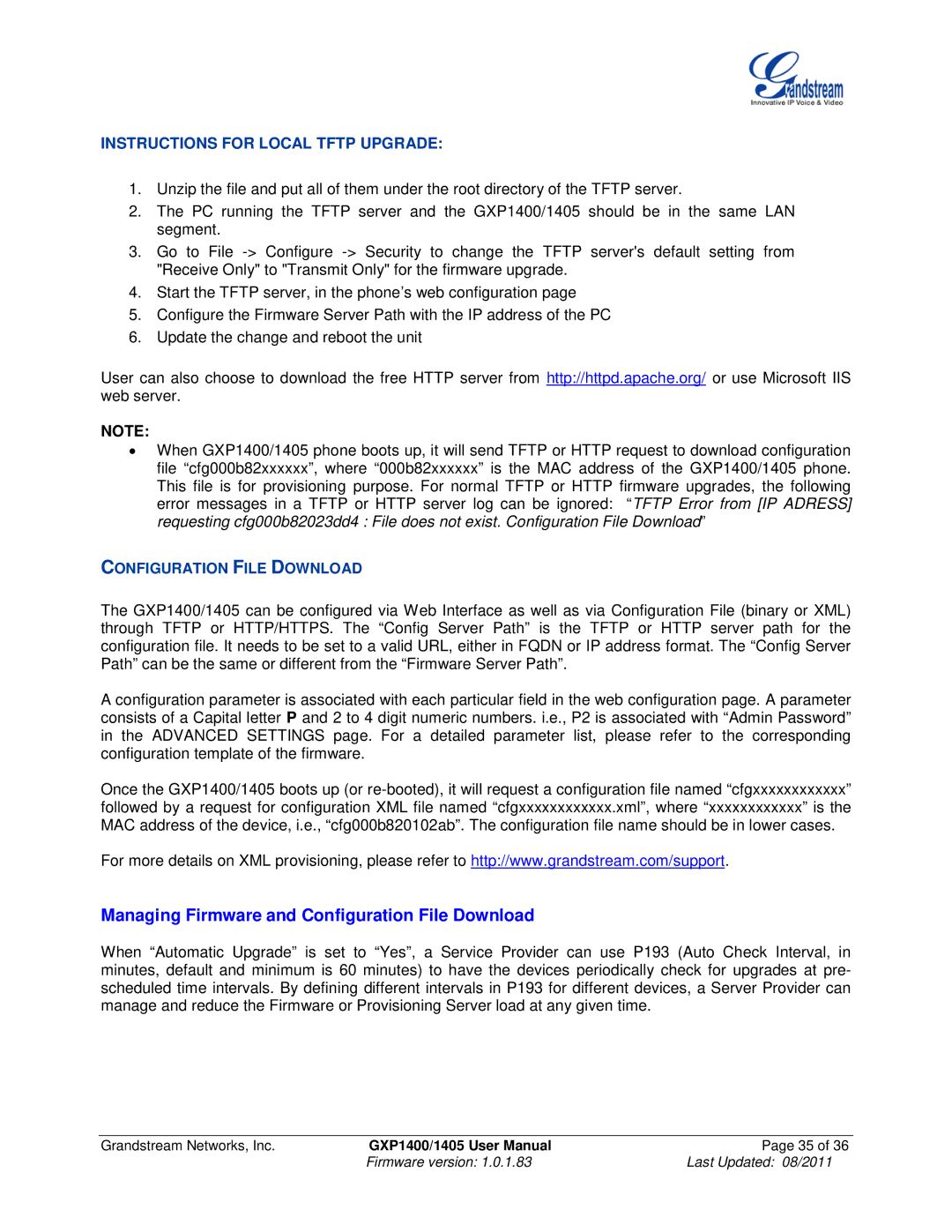 Grandstream Networks GXP1400 Managing Firmware and Configuration File Download, Instructions for Local Tftp Upgrade 