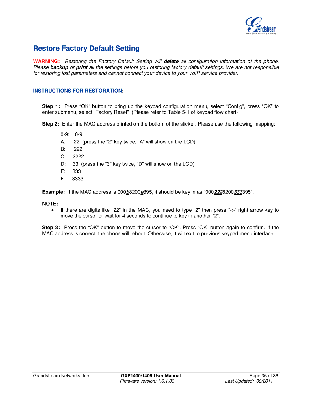 Grandstream Networks GXP1405, GXP1400 user manual Restore Factory Default Setting, Instructions for Restoration 