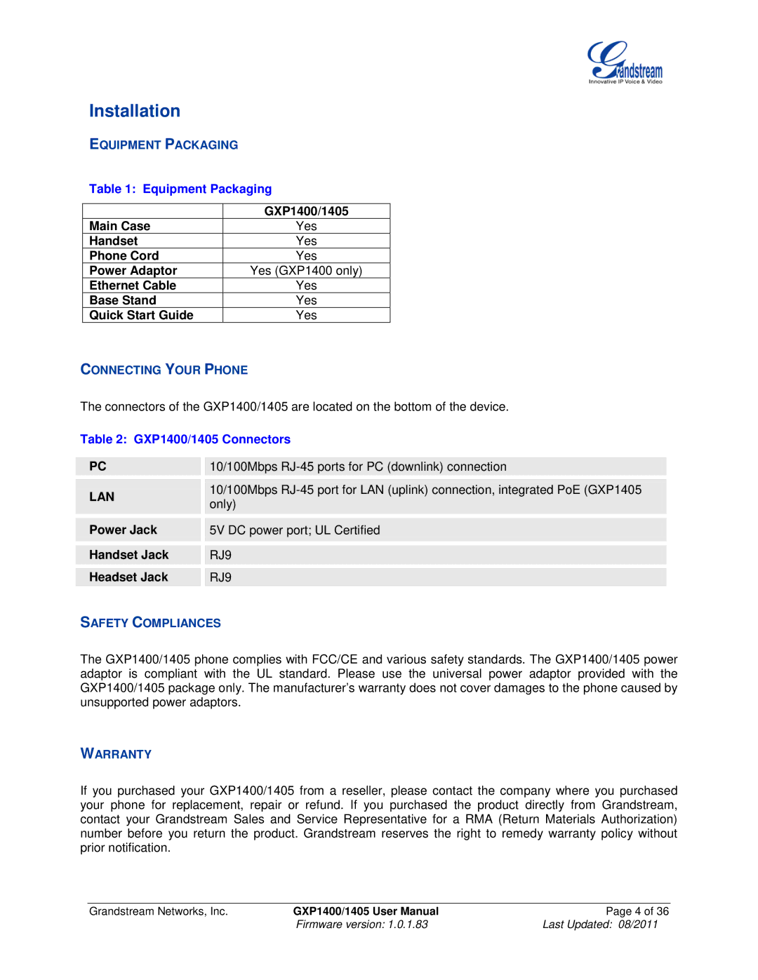 Grandstream Networks GXP1405 Installation, Equipment Packaging, Connecting Your Phone, Safety Compliances, Warranty 