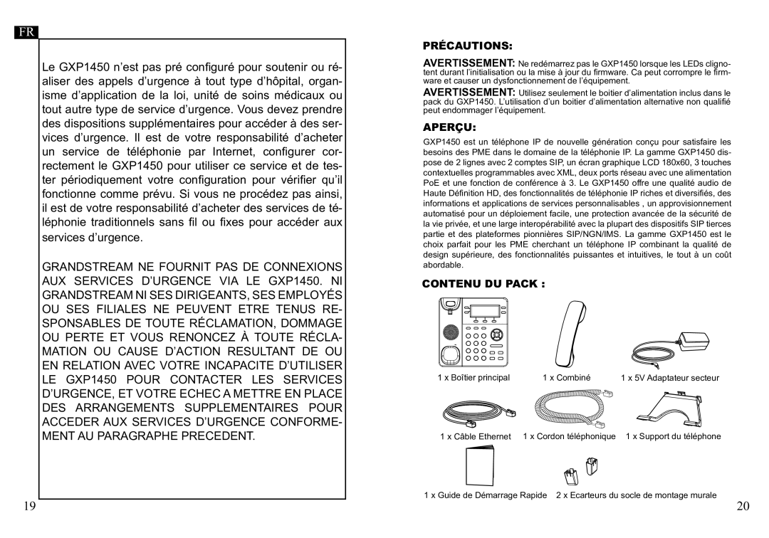 Grandstream Networks GXP1450 warranty Précautions, Aperçu, Contenu DU Pack 