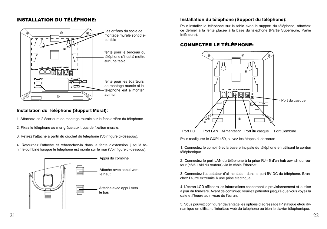 Grandstream Networks GXP1450 Installation DU téléphone, Installation du Téléphone Support Mural, Connecter le téléphone 