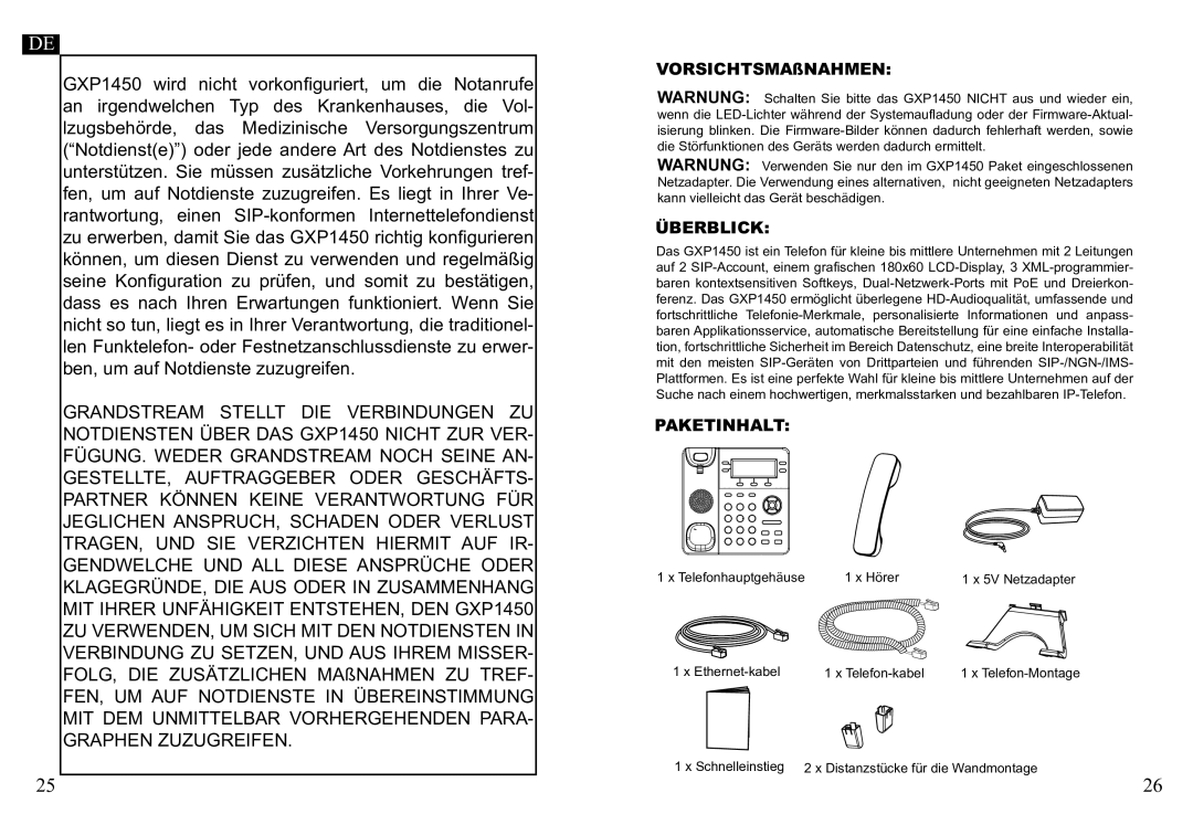 Grandstream Networks GXP1450 warranty VORSICHTSMAßNAHMEN, Überblick, Paketinhalt 