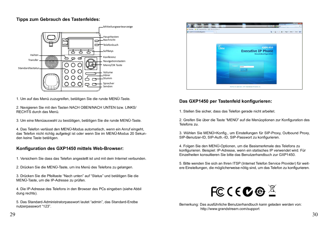 Grandstream Networks warranty Tipps zum Gebrauch des Tastenfeldes, Konfiguration des GXP1450 mittels Web-Browser 