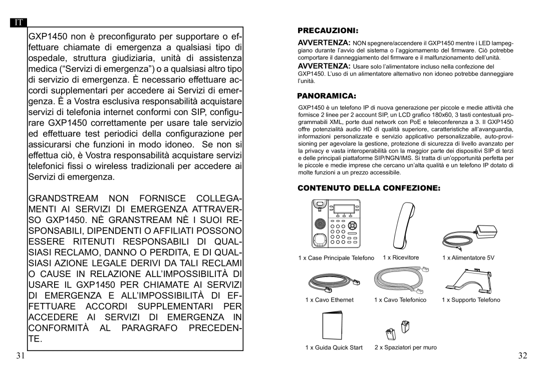 Grandstream Networks GXP1450 warranty Precauzioni, Panoramica, Contenuto Della Confezione 