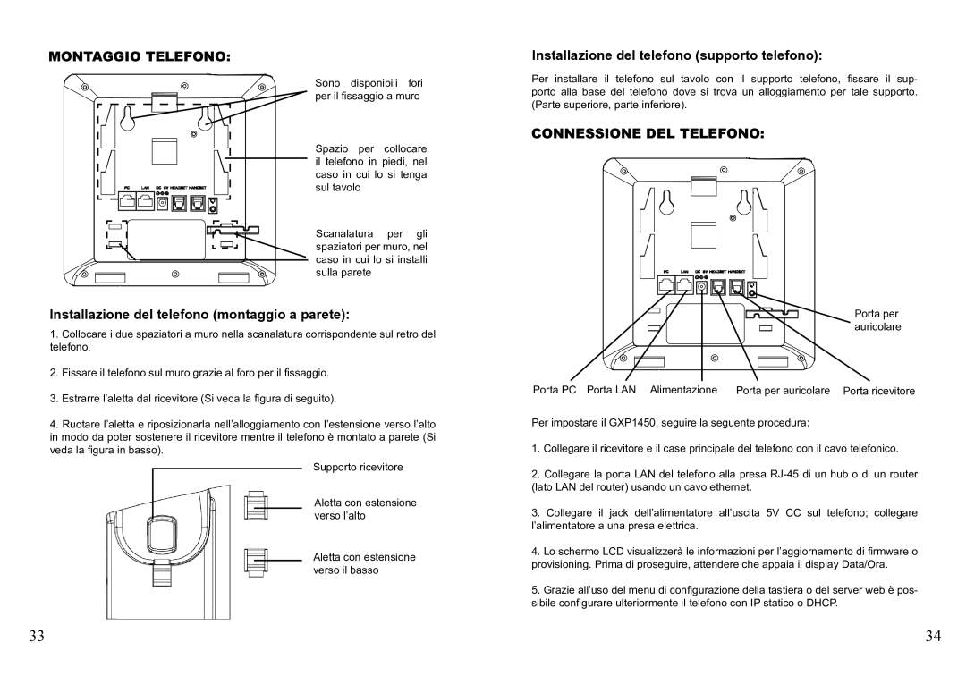 Grandstream Networks GXP1450 Montaggio Telefono, Installazione del telefono montaggio a parete, Connessione DEL Telefono 