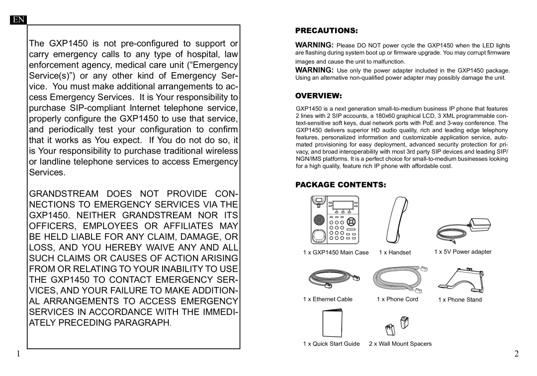 Grandstream Networks GXP1450 warranty Precautions, Overview, Package Contents 