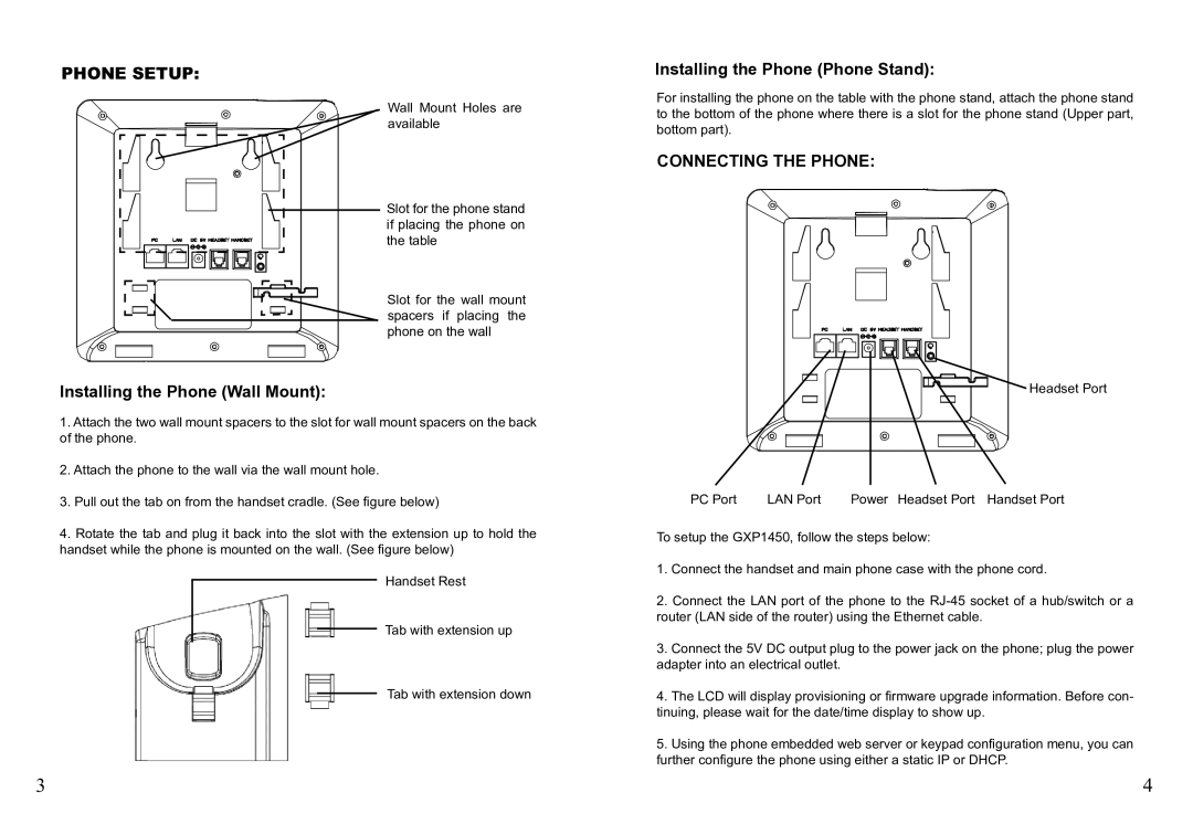 Grandstream Networks GXP1450 warranty Phone Setup, Installing the Phone Wall Mount, Installing the Phone Phone Stand 