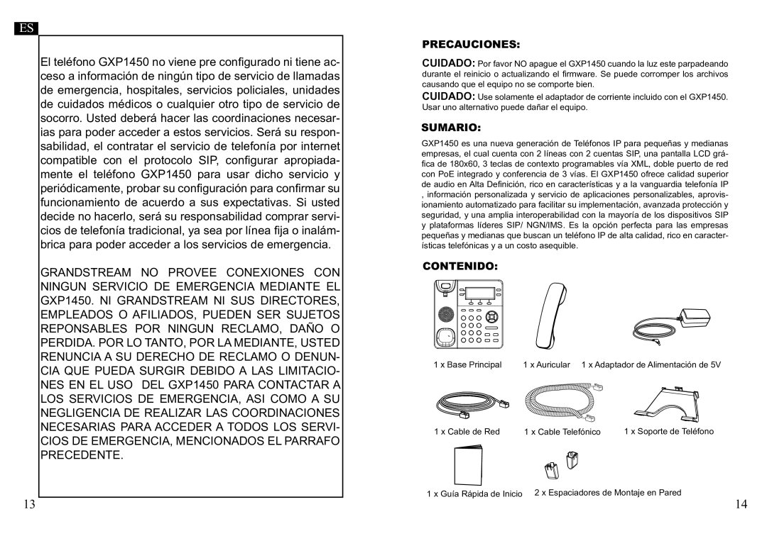 Grandstream Networks GXP1450 warranty Precauciones, Sumario, Contenido 