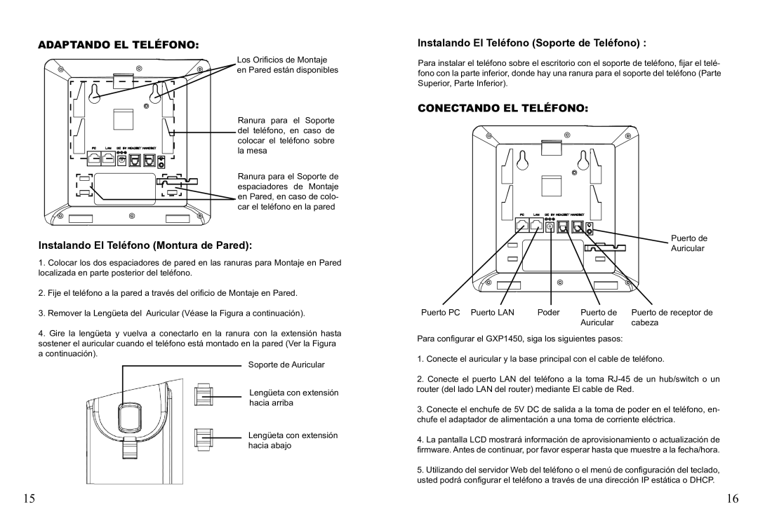 Grandstream Networks GXP1450 Adaptando el Teléfono, Instalando El Teléfono Montura de Pared, Conectando el Teléfono 