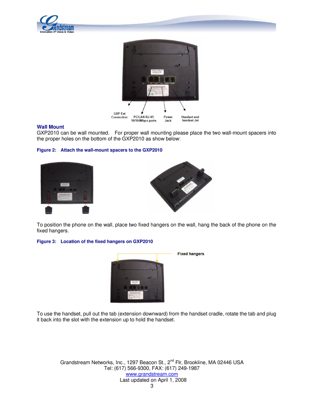 Grandstream Networks manual Wall Mount, Attach the wall-mount spacers to the GXP2010 