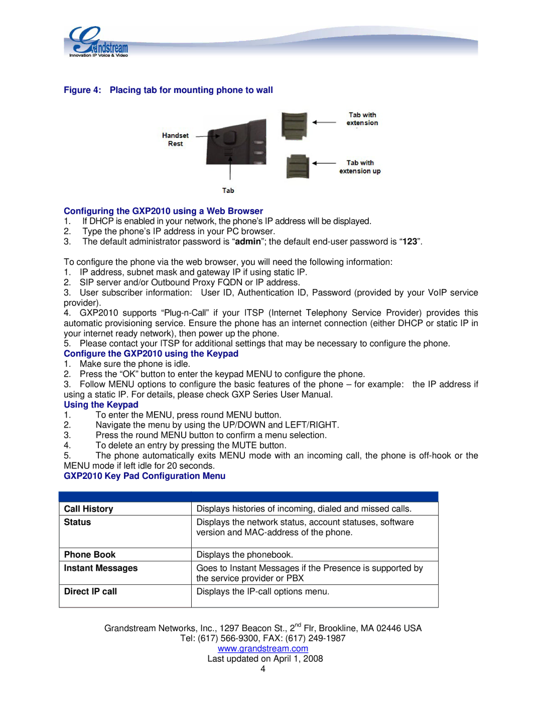 Grandstream Networks manual Configure the GXP2010 using the Keypad, Using the Keypad, GXP2010 Key Pad Configuration Menu 