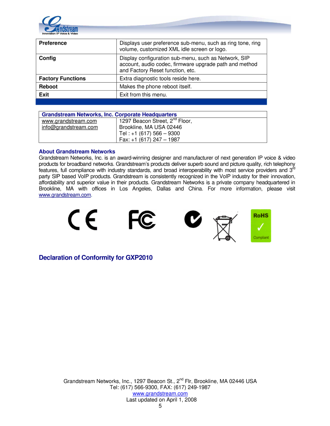 Grandstream Networks GXP2010 manual Grandstream Networks, Inc. Corporate Headquarters, About Grandstream Networks 