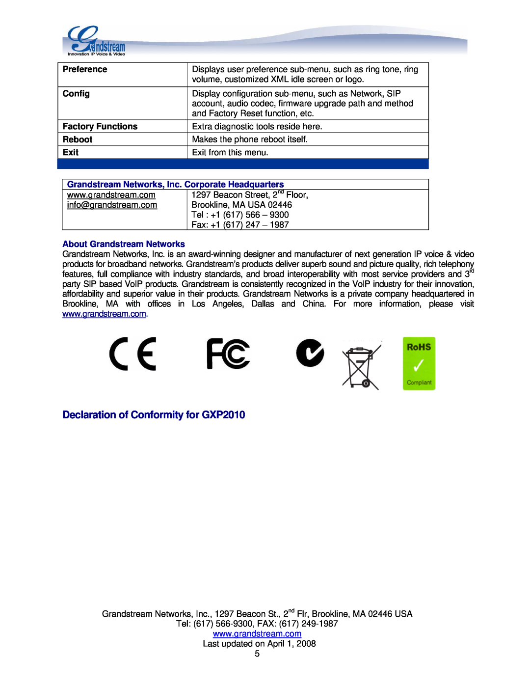 Grandstream Networks manual Declaration of Conformity for GXP2010, Preference, Config, Factory Functions, Reboot, Exit 