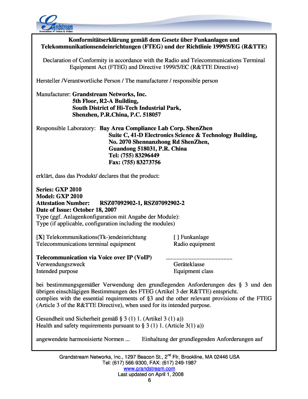 Grandstream Networks GXP2010 manual Konformitätserklärung gemäß dem Gesetz über Funkanlagen und 