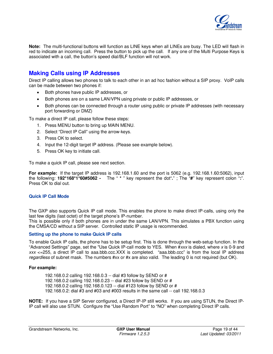 Grandstream Networks GXP1200, GXP2020, GXP280/GXP285, GXP2010, GXP2000 user manual Making Calls using IP Addresses, For example 