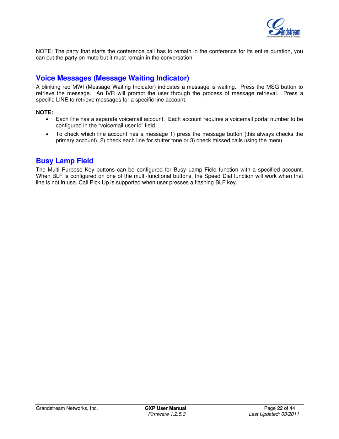 Grandstream Networks GXP2010, GXP2020, GXP280/GXP285, GXP2000 Voice Messages Message Waiting Indicator, Busy Lamp Field 