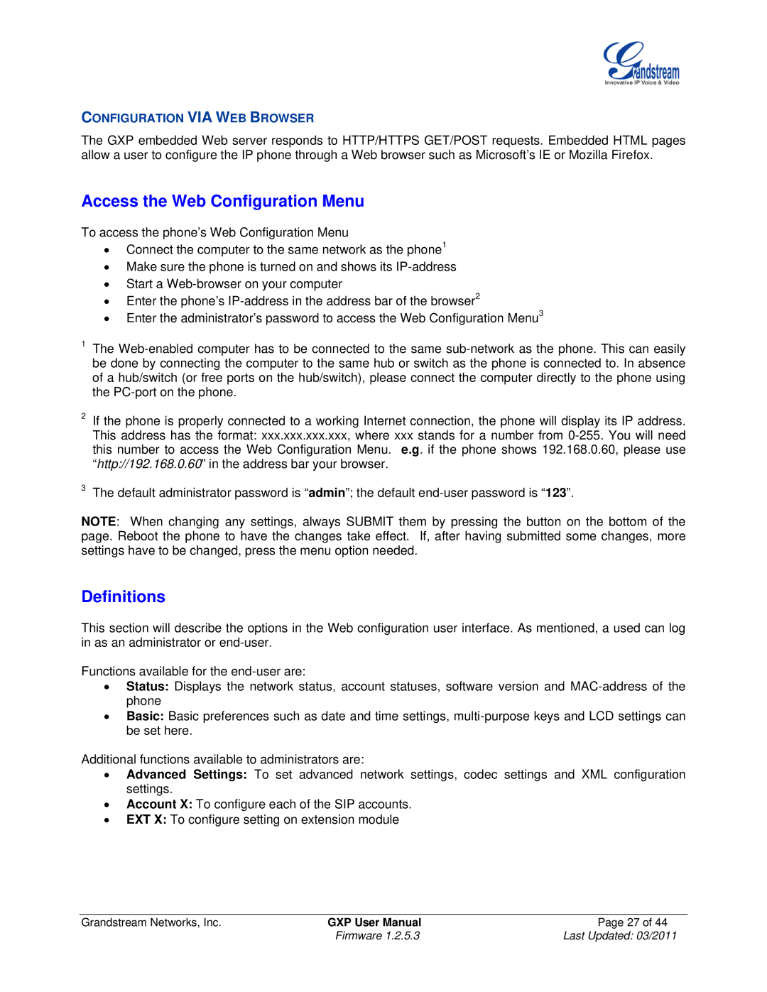 Grandstream Networks GXP2010, GXP2020 Access the Web Configuration Menu, Definitions, Configuration VIA WEB Browser 