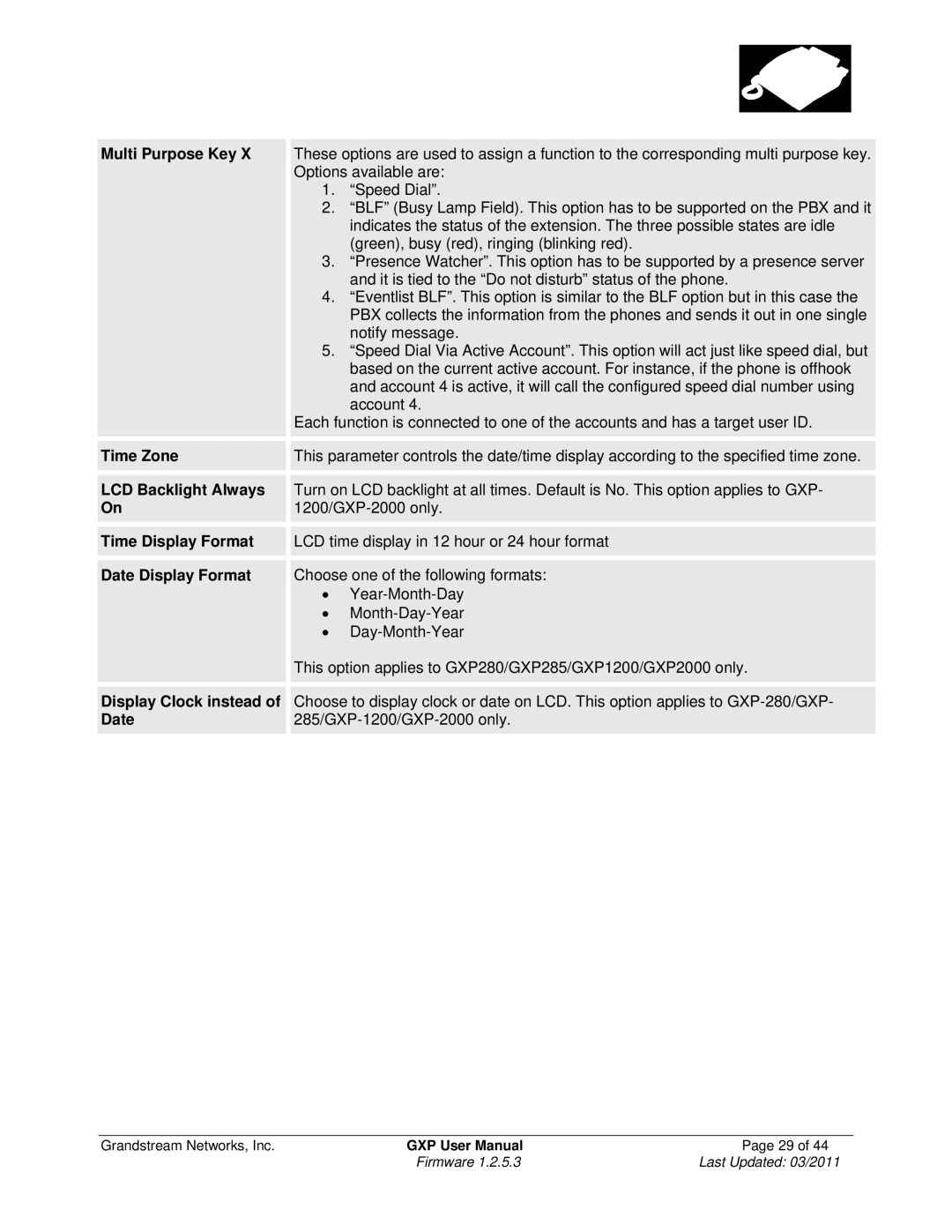 Grandstream Networks GXP1200 Multi Purpose Key, Time Zone, LCD Backlight Always, Time Display Format, Date Display Format 