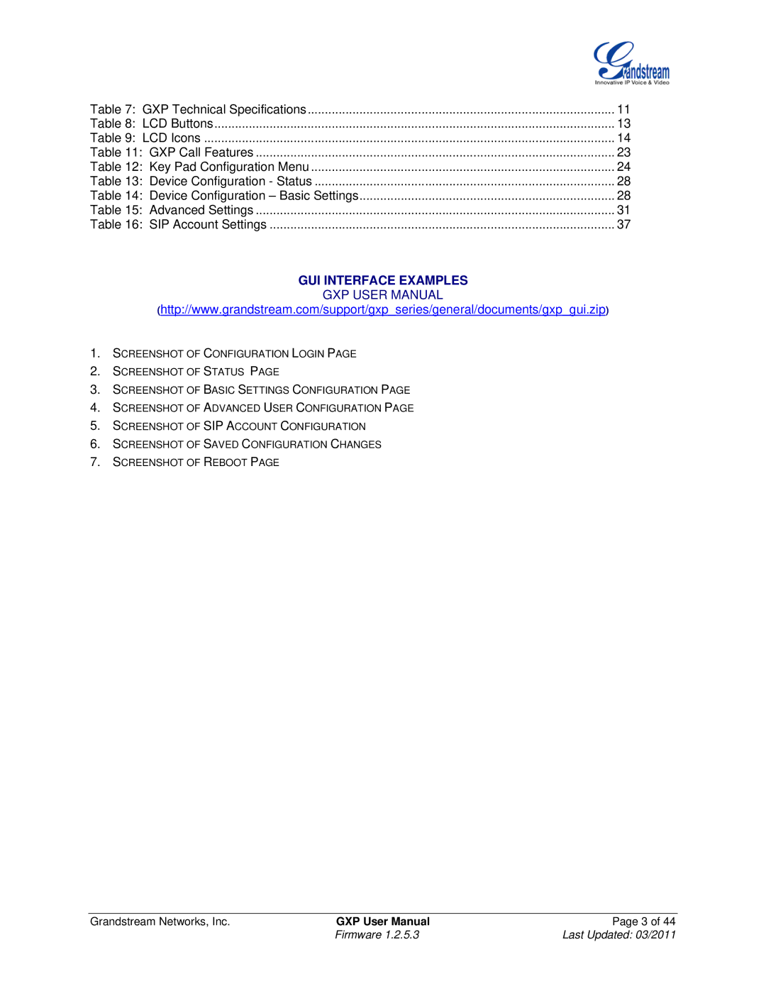 Grandstream Networks GXP2000, GXP2020, GXP280/GXP285, GXP2010, GXP1200 user manual GUI Interface Examples 