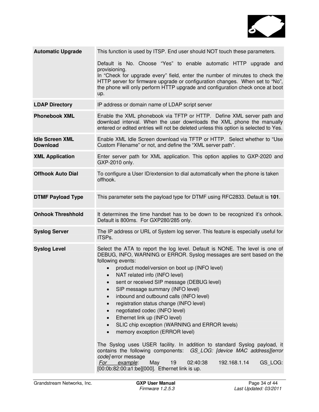 Grandstream Networks GXP1200 Automatic Upgrade, Phonebook XML, Idle Screen XML, Download, XML Application, Syslog Server 