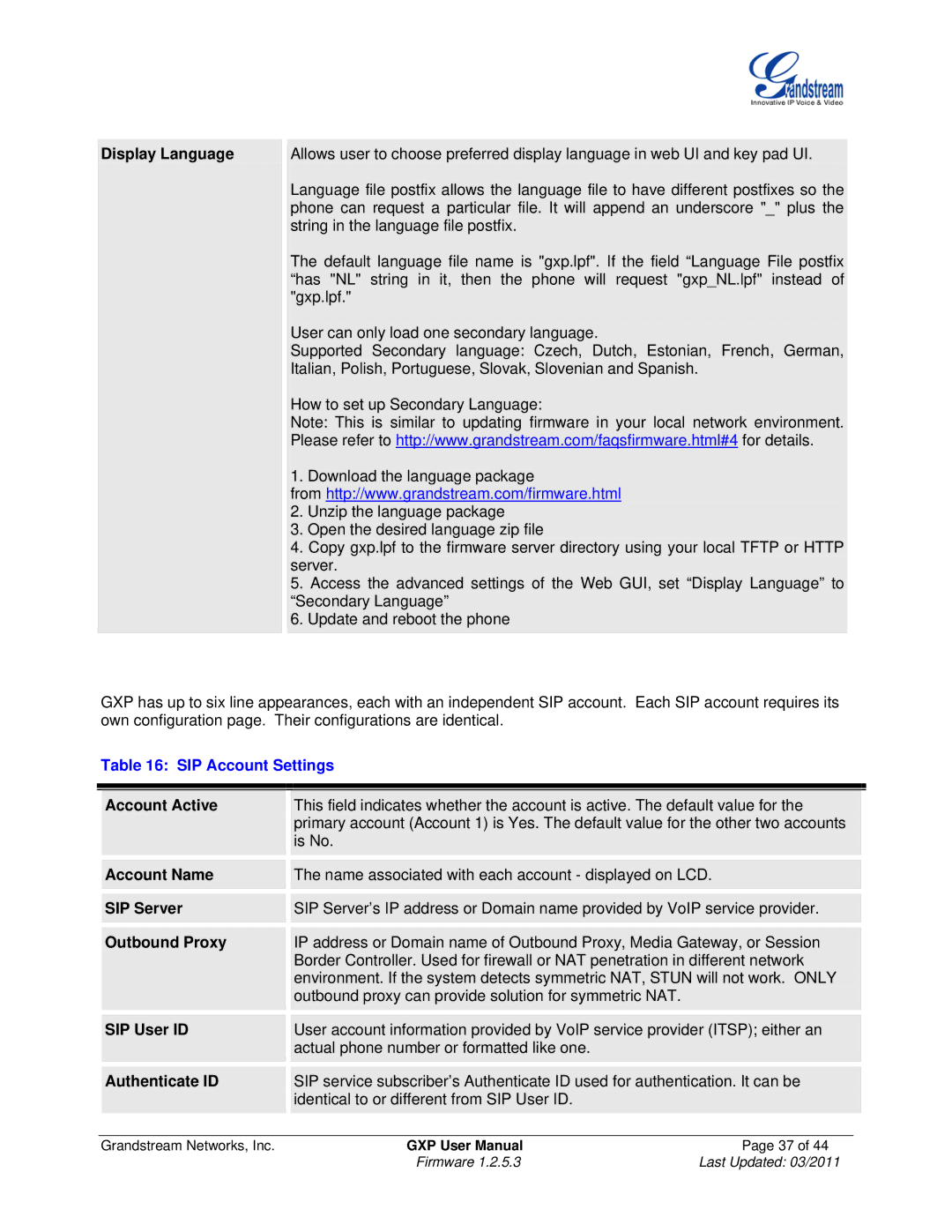 Grandstream Networks GXP2010, GXP2020, GXP280/GXP285, GXP2000, GXP1200 user manual SIP Account Settings 