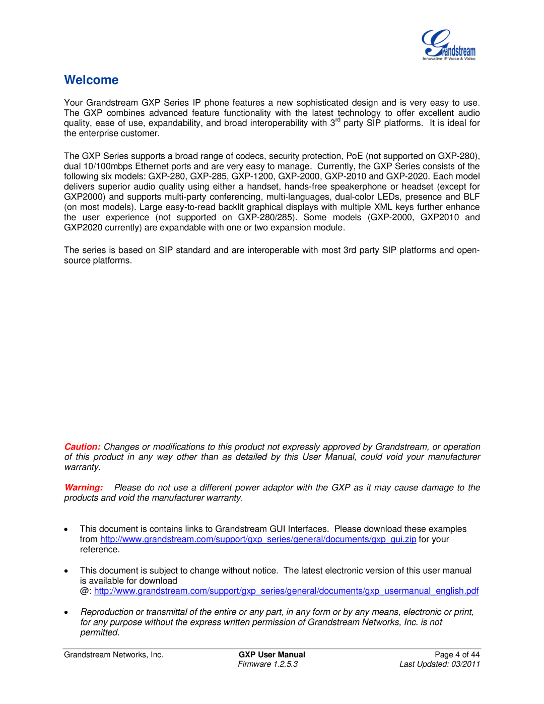 Grandstream Networks GXP1200, GXP2020, GXP280/GXP285, GXP2010, GXP2000 user manual Welcome 