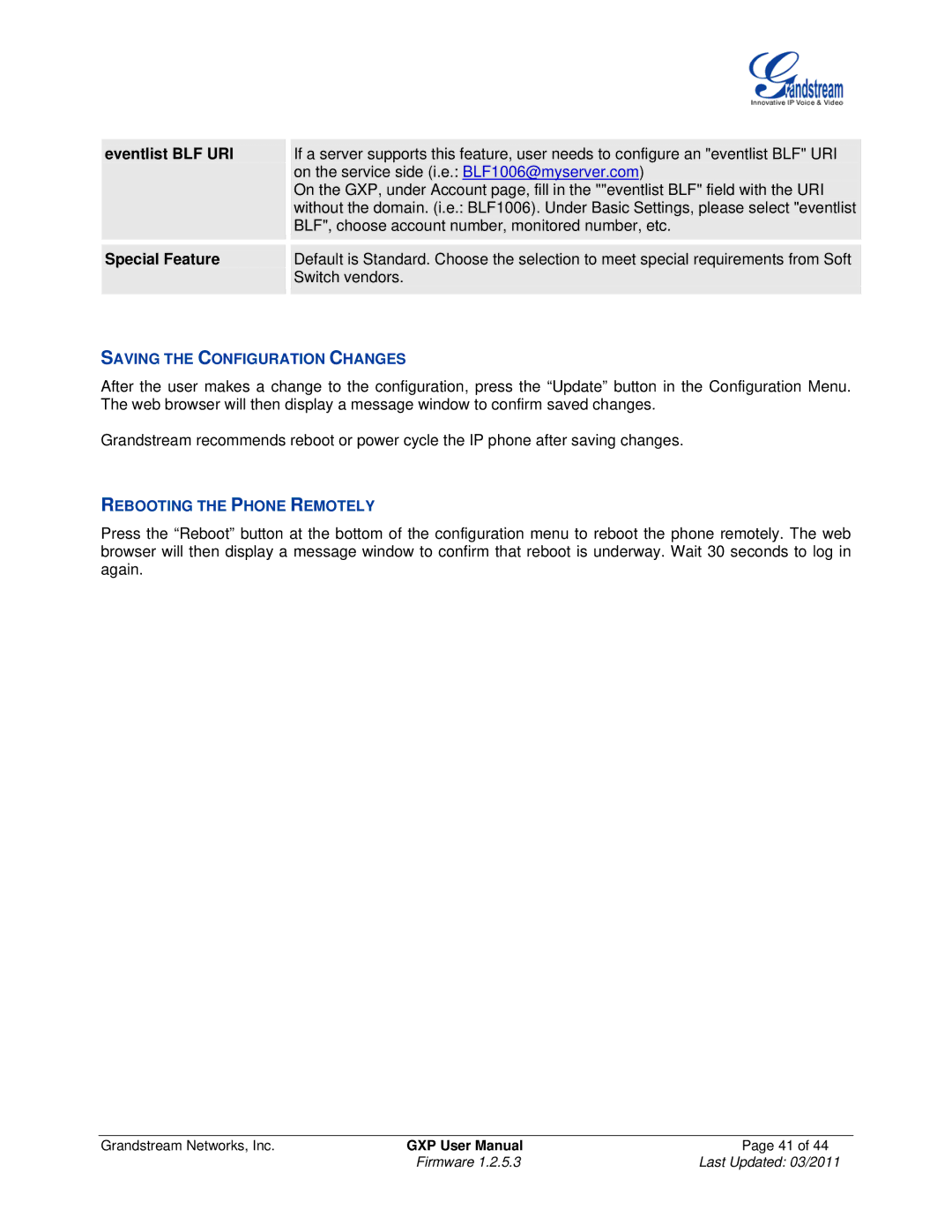 Grandstream Networks GXP280/GXP285, GXP2020, GXP2010 Eventlist BLF URI, Special Feature, Saving the Configuration Changes 