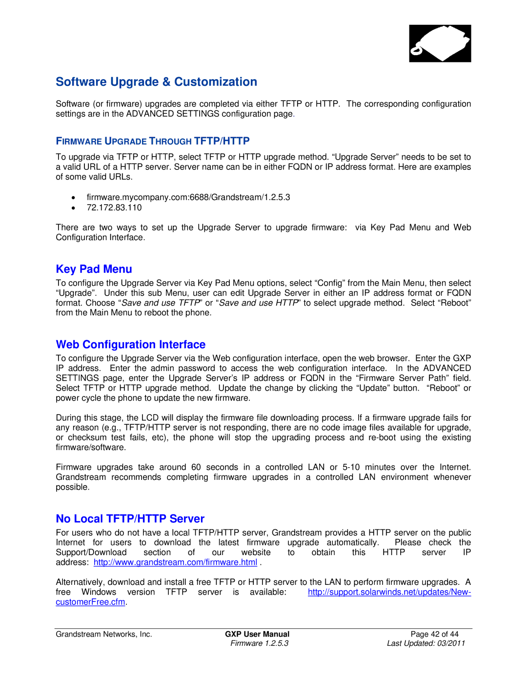 Grandstream Networks GXP2010, GXP2020, GXP2000 Software Upgrade & Customization, Key Pad Menu, Web Configuration Interface 