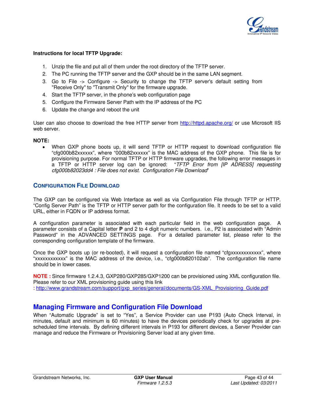 Grandstream Networks GXP2000 Managing Firmware and Configuration File Download, Instructions for local Tftp Upgrade 