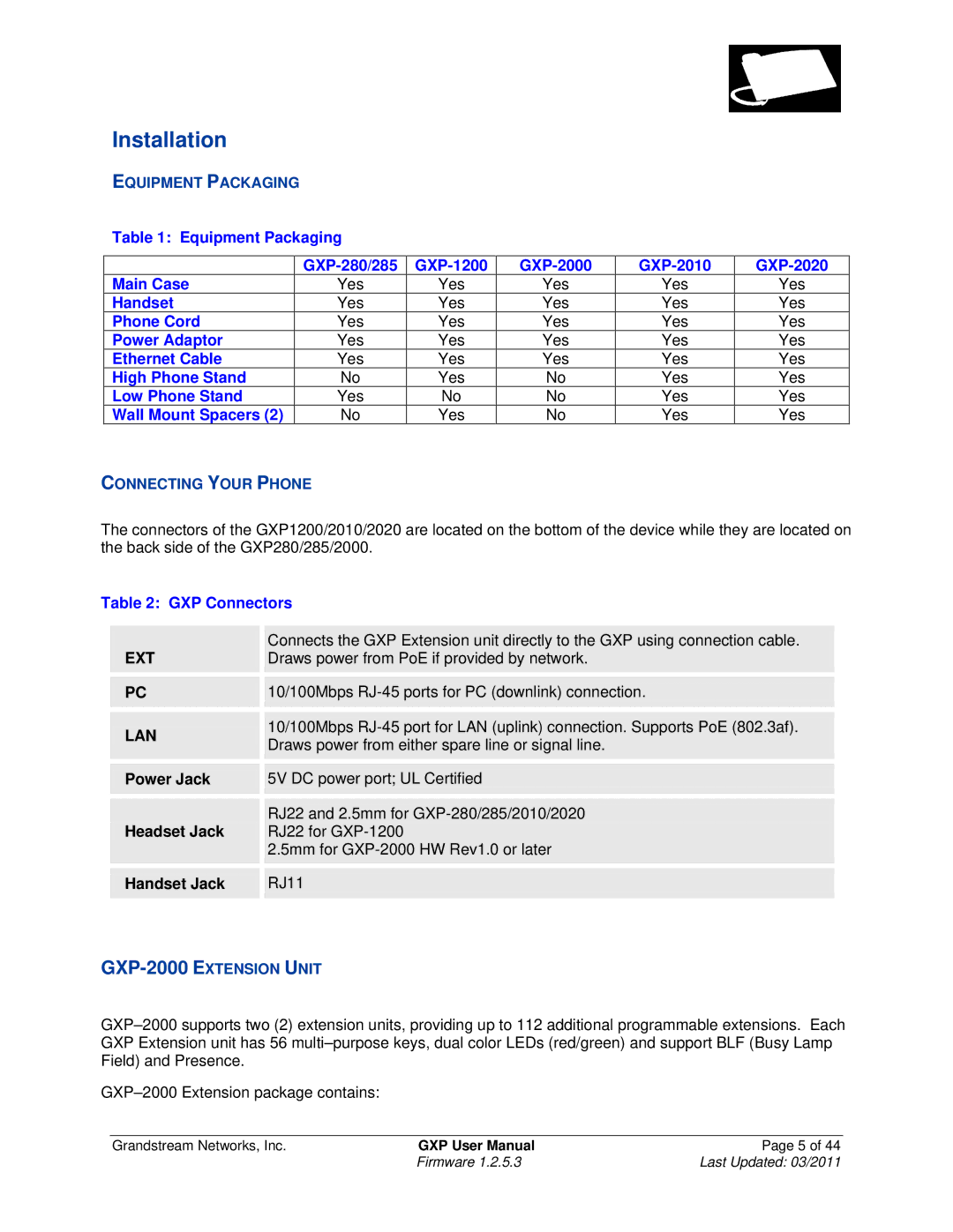 Grandstream Networks GXP2020, GXP2010 Installation, Equipment Packaging, Connecting Your Phone, GXP-2000 Extension Unit 