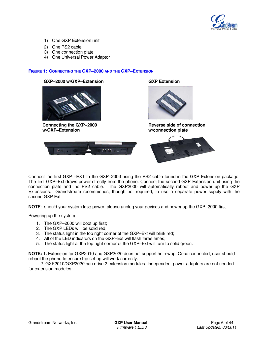 Grandstream Networks GXP280/GXP285, GXP2020, GXP2010, GXP2000, GXP1200 user manual Connecting the GXP-2000AND the GXP-EXTENSION 