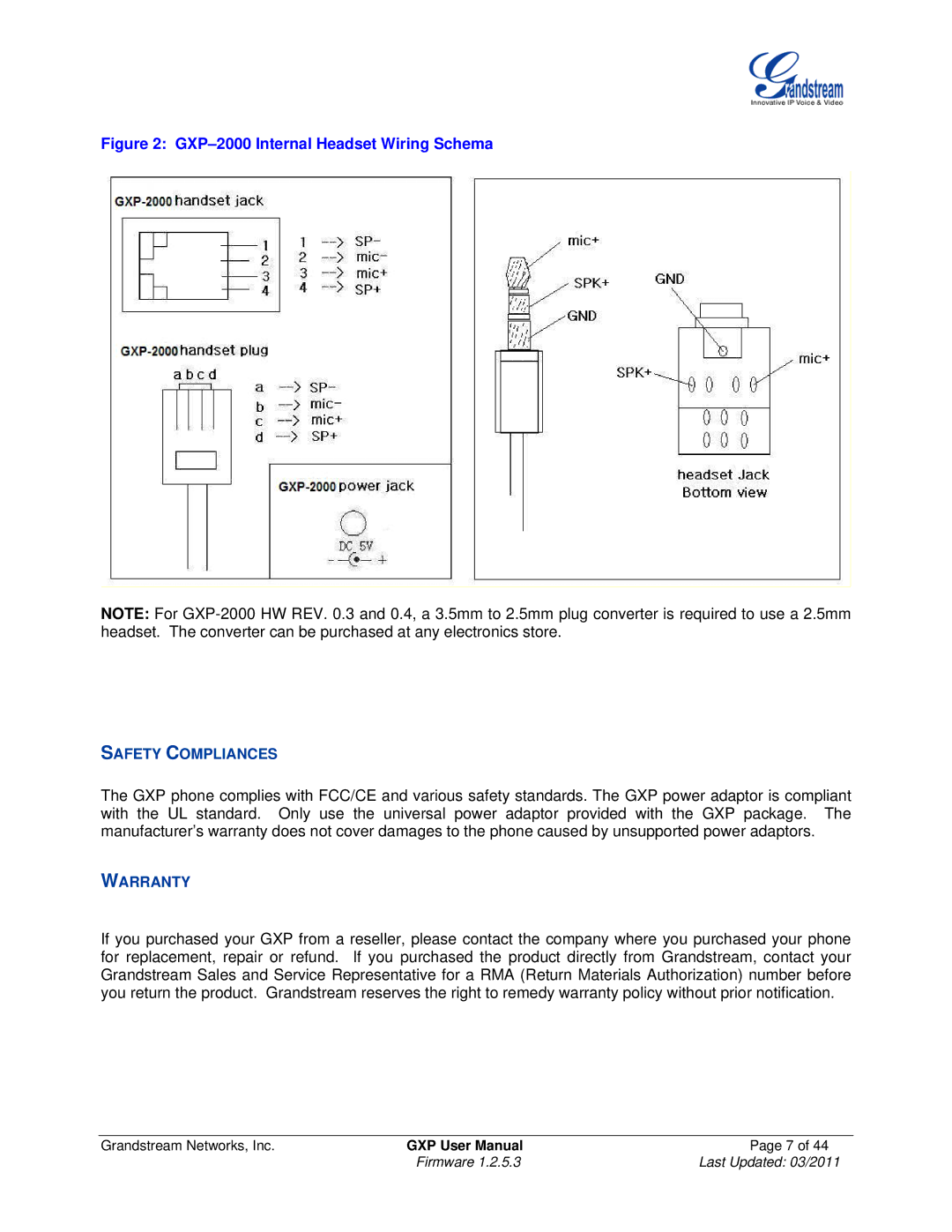 Grandstream Networks GXP2010, GXP2020, GXP280/GXP285, GXP2000, GXP1200 user manual Safety Compliances, Warranty 