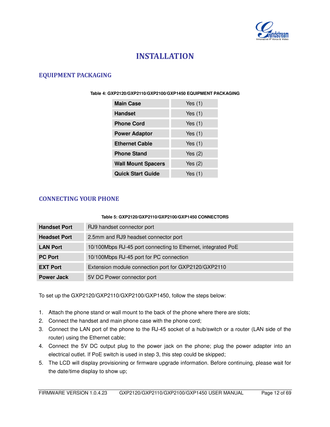 Grandstream Networks GXP2110, GXP1450, GXP2100 user manual Installation, Equipment Packaging, Connecting Your Phone 